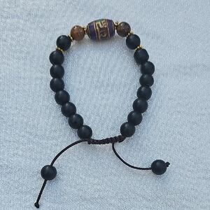 Black Beaded Bracelet with Purple and Gold Accent